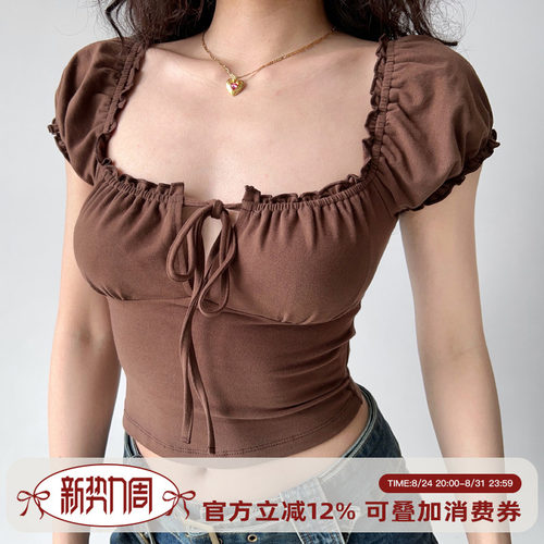 欧美风系带方领泡泡袖短袖T恤女