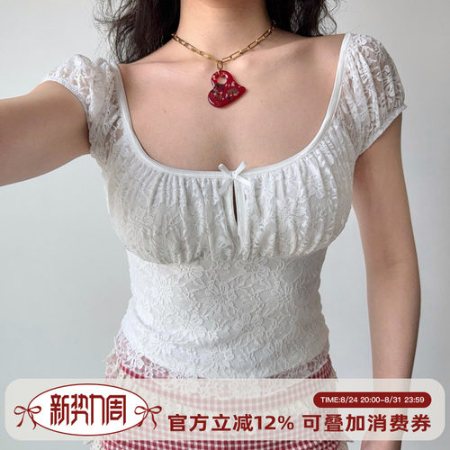 Go Girl Go 自制欧美风U领短袖白色蕾丝T恤女夏季修身短款上衣