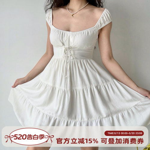 Go Girl Go 自制法式白色连衣裙女夏季无袖裙子收腰绑带大摆a字裙