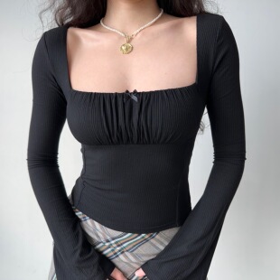 显瘦方领长袖 自制欧美风立体剪裁修身 黑色正肩T恤女 Girl