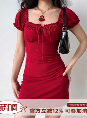 Go Girl Go 自制法式复古红色方领绑带连衣裙泡泡袖修身包臀短裙