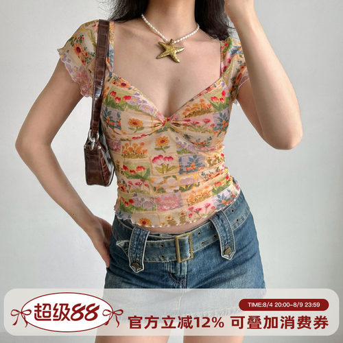 Go Girl Go自制欧美风油画花卉印花v领T恤女夏季花边网纱短袖上衣