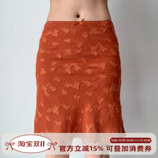 Go Girl Go 自制复古橘色立体提花半身裙鱼尾裙女修身包臀中裙