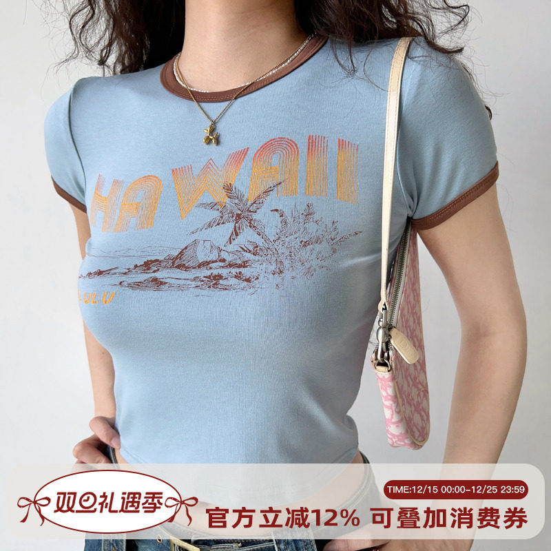 美式复古撞色印花短袖T恤女