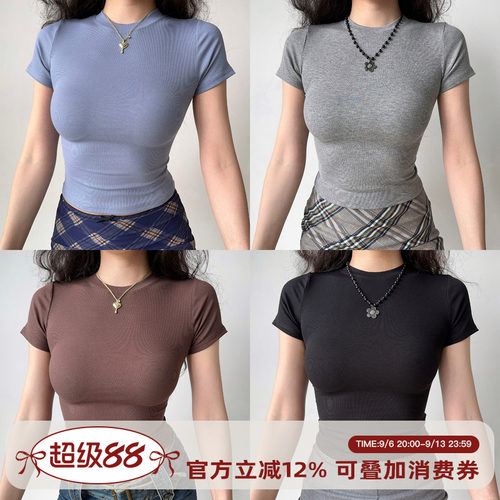 Go Girl Go 欧美风纯色小圆领修身正肩短款T恤女螺纹短袖上衣