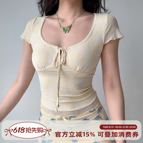 Go Girl Go 自制欧美风U领短袖提花T恤女夏季黄色系带网纱上衣