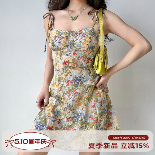 Go Girl Go 欧美风系带印花吊带连衣裙高腰A字短裙性感辣妹穿搭
