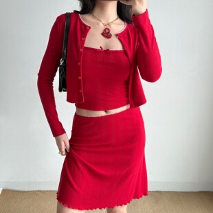 女时尚 半身裙套装 自制欧美风复古辣妹吊带开衫 三件套 Girl