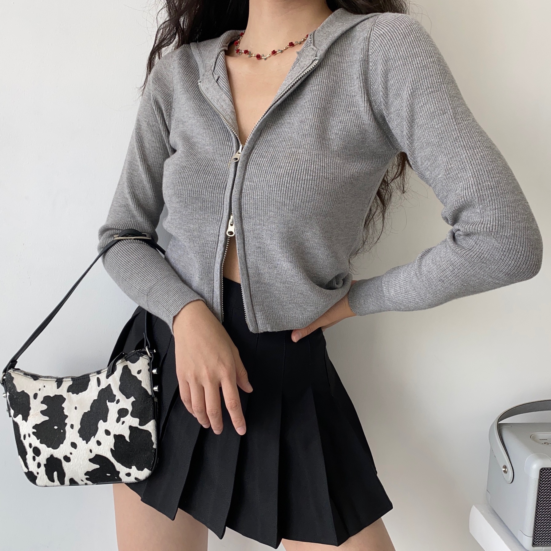 美式复古双拉链头灰色外套开衫