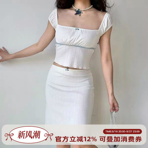 欧美风镂空白色T恤+半裙两件套装