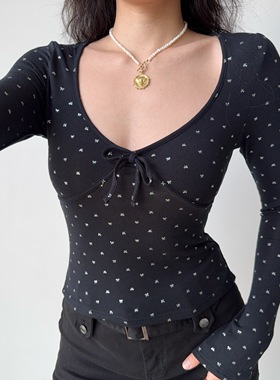 Go Girl Go 自制欧美风蝴蝶结v领长袖黑色T恤女修身显瘦打底上衣
