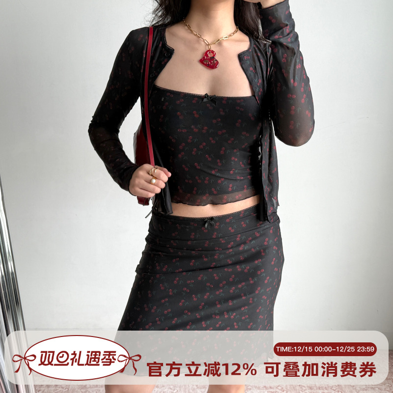 Go Girl Go 自制欧美风复古樱桃吊带开衫半身裙套装女时尚三件套