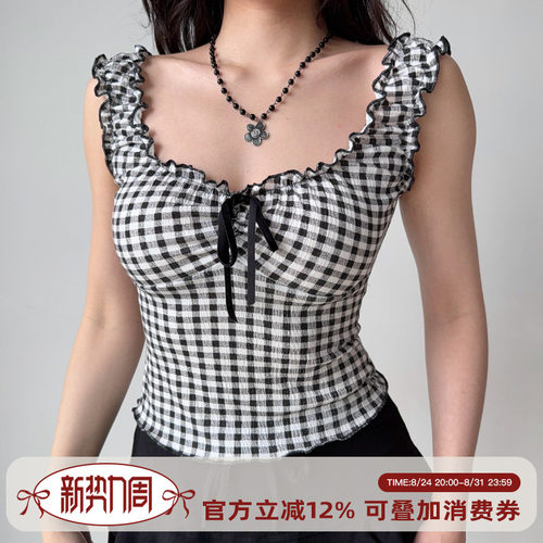 Go Girl Go 自制芭蕾风黑白格子U领无袖背心女外穿修身短款上衣