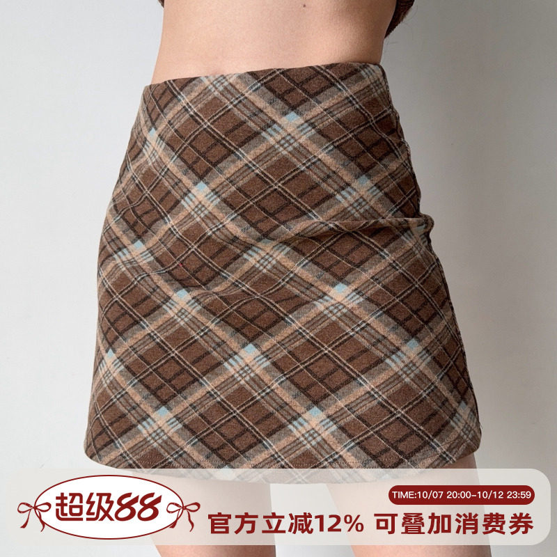 Go Girl Go 自制复古欧美风格纹半身裙短裙高腰a字裙女秋冬