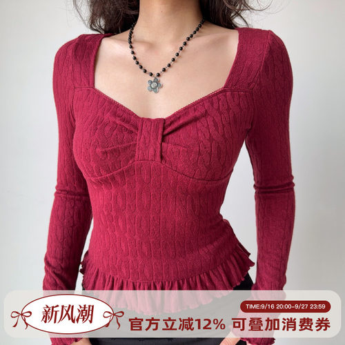 Go Girl Go 自制新年红色复古欧美风绞花修身长袖T恤女加厚打底衫