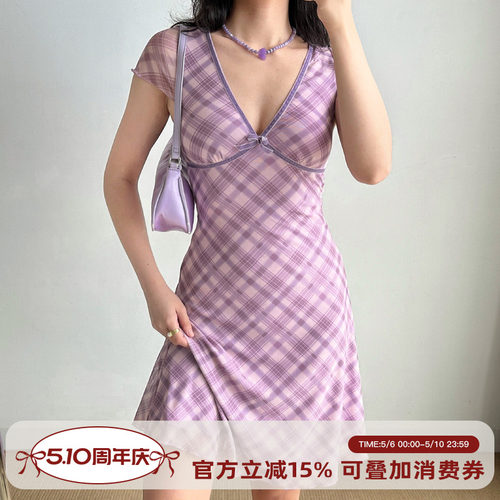 Go Girl Go 自制欧美风性感深v领格纹网纱连衣裙中长款女度假裙子