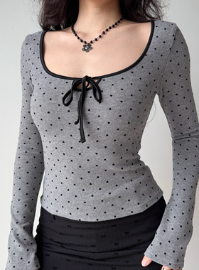 Go Girl Go 自制欧美风爱心刺绣系带U领长袖T恤女修身打底上衣