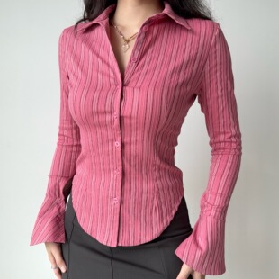 Go Girl Go 自制美式复古粉色条纹长袖衬衫上衣女修身收腰衬衣