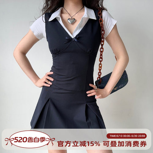 欧美学院风深v领收腰背心裙