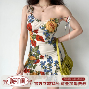 欧美风油画印花绑带复古吊带连衣裙女荷叶边短裙a字裙 Girl