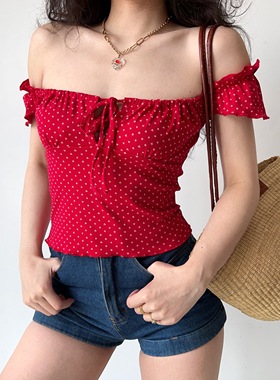 Go Girl Go 自制欧美风性感一字肩系带T恤女木耳边修身短款上衣