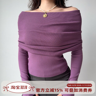 Go Girl Go 欧美风性感一字领针织衫女修身显瘦紫色毛衣