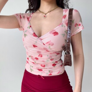 自制欧美风性感交叉v领印花网纱上衣女夏季 修身 T恤 Girl