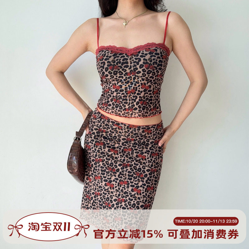 Go Girl Go 自制美式复古性感辣妹豹纹吊带+半身裙套装两件套女夏