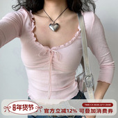 上衣 七分袖 Girl 自制芭蕾风蝴蝶结低胸圆领华夫格T恤女修身