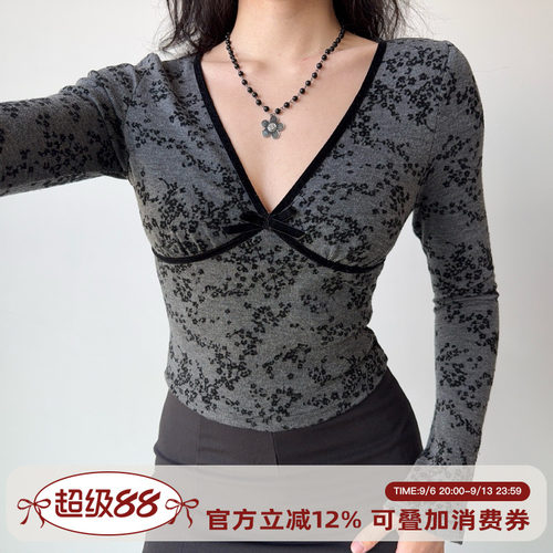 Go Girl Go 自制欧美风性感深v领植绒长袖T恤女修身打底上衣
