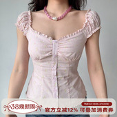 甜美粉色条纹泡泡袖 自制法式 小上衣女夏修身 短袖 衬衫 Girl