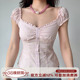 甜美粉色条纹泡泡袖 自制法式 小上衣女夏修身 短袖 衬衫 Girl