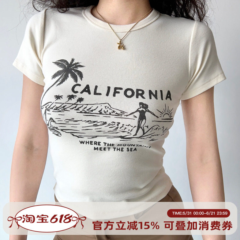 Go Girl Go 自制欧美风夏日冲浪印花圆领短袖棉T恤女修身短款上衣