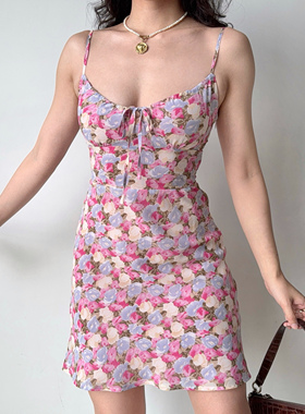 Go Girl Go 自制欧美风印花修身吊带裙连衣裙女夏季辣妹a字短裙