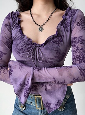 Go Girl Go 自制欧美风木耳边系带植绒T恤女喇叭袖修身紫色上衣