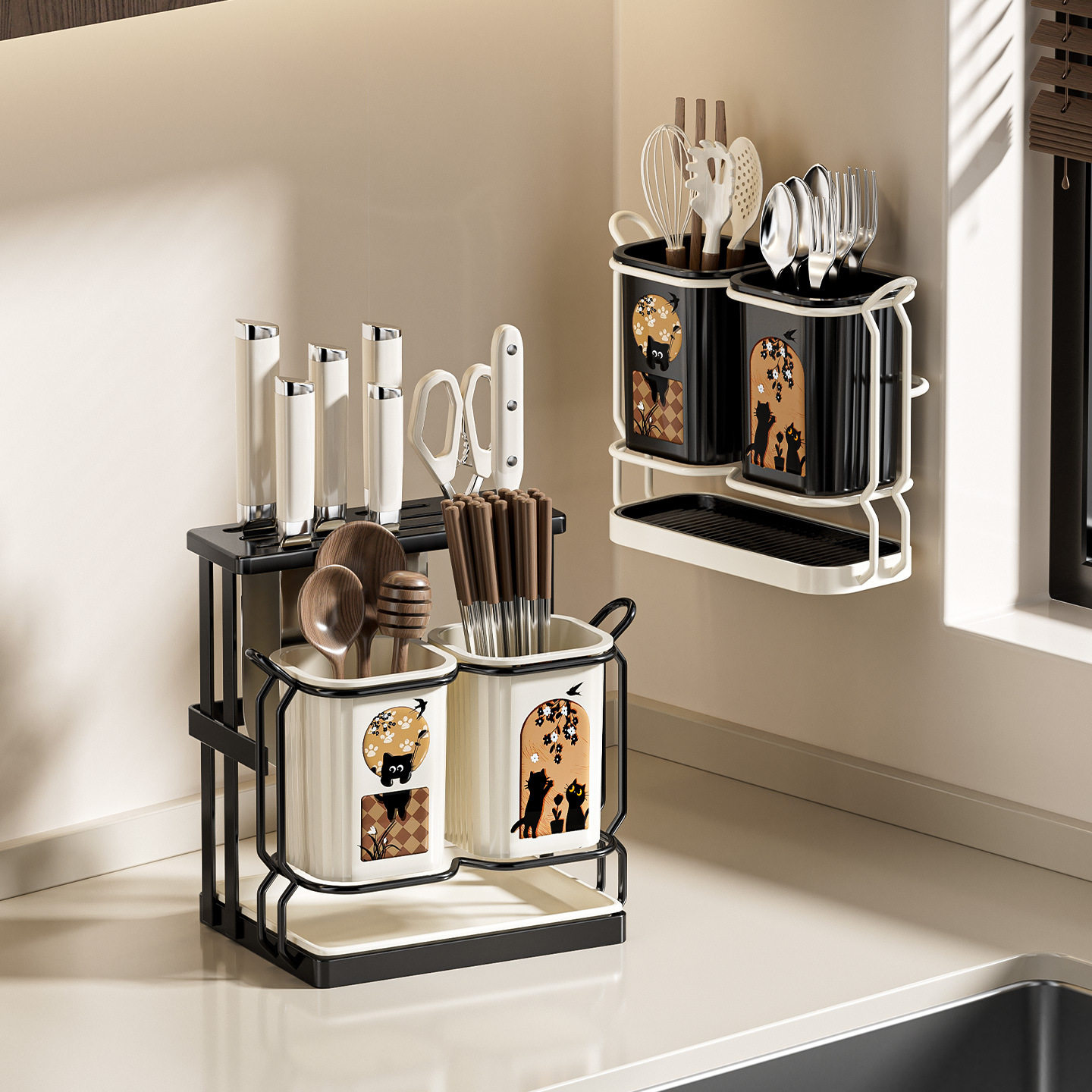 轻奢中古风家用壁挂筷子架厨房台面沥水简约筷子筒餐具收纳置物架