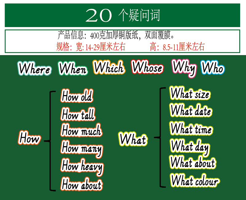 小学英语疑问词卡板书卡片不带磁单词卡片黑板贴公开课