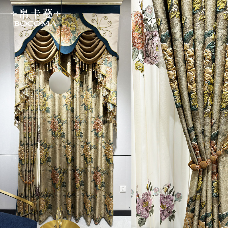 高档别墅奢华美式田园乡村客厅卧室提花浮雕窗帘绣花窗纱成品定制