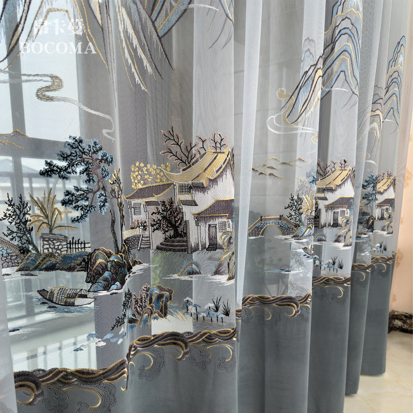 新款高档别墅奢华中式复古客厅卧室窗帘绣花紫色窗纱成品定制纱帘