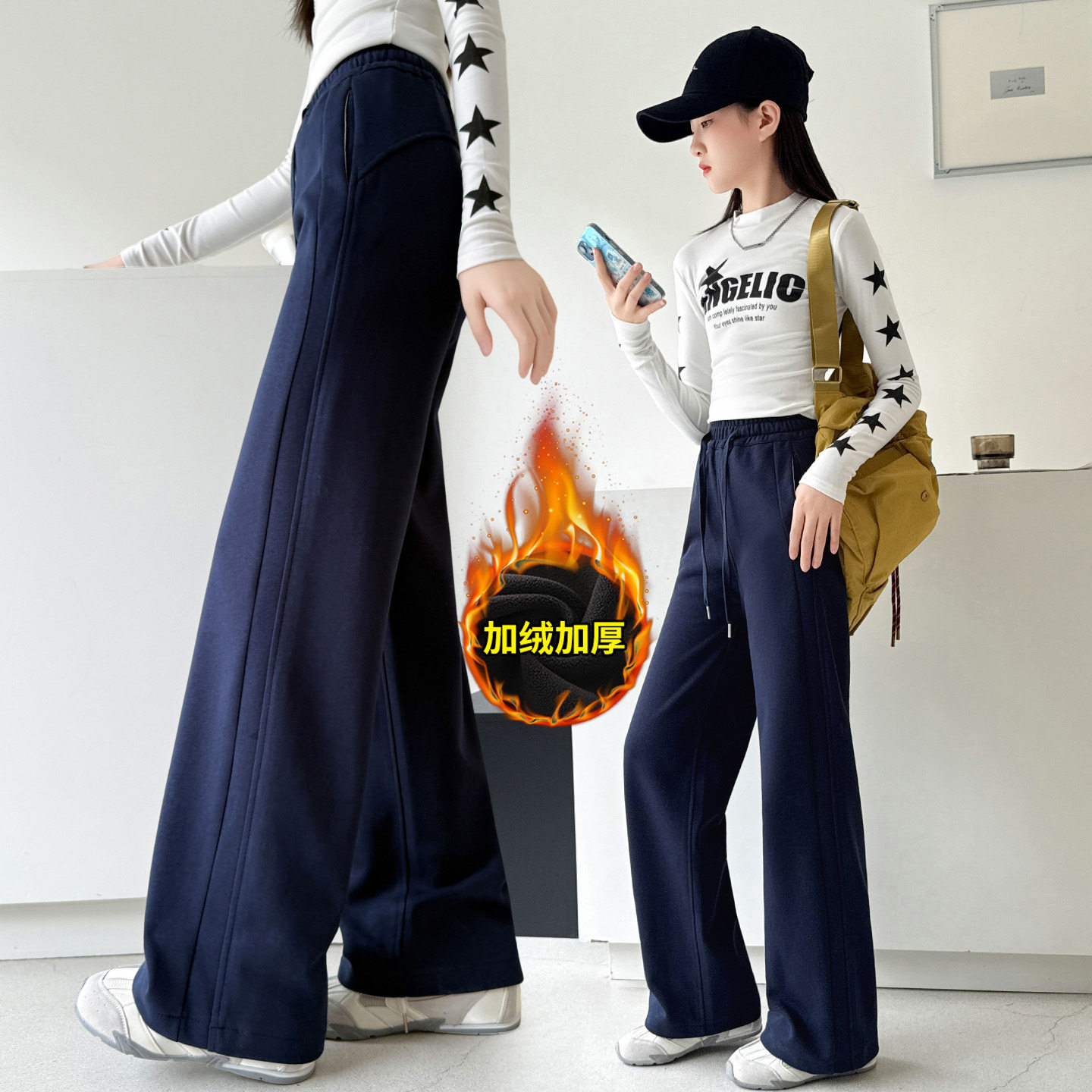 2026秋冬季女童加绒运动裤欧美范中大童加厚直筒裤百搭学生休闲裤