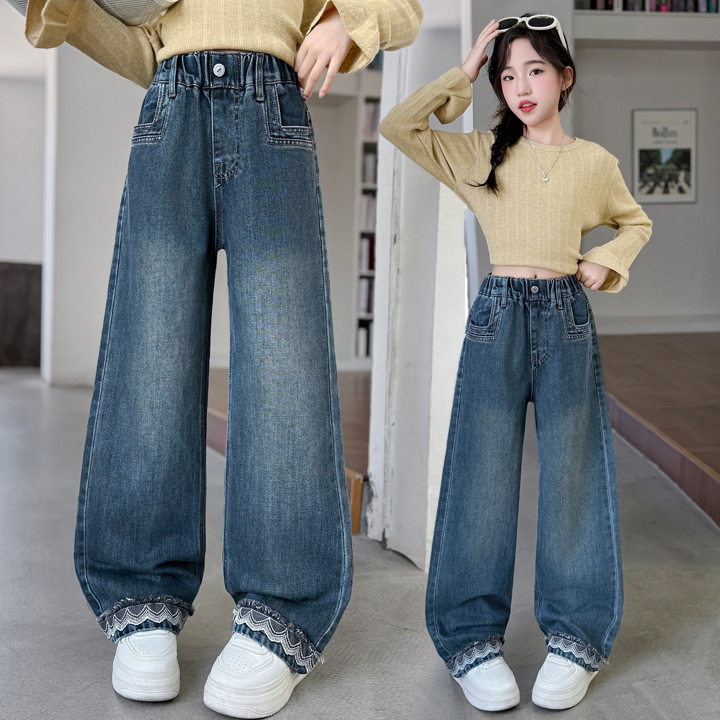 韩版女童裤脚花边牛仔裤春秋季外贸童装中大童直筒裤潮版牛仔长裤