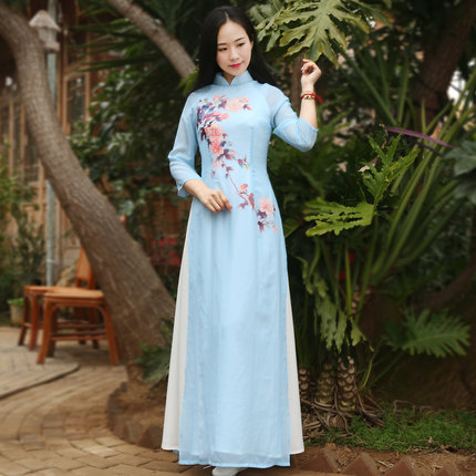 花掌门新款复古中国风女立领修身改良越南奥黛旗袍连衣裙禅服茶服