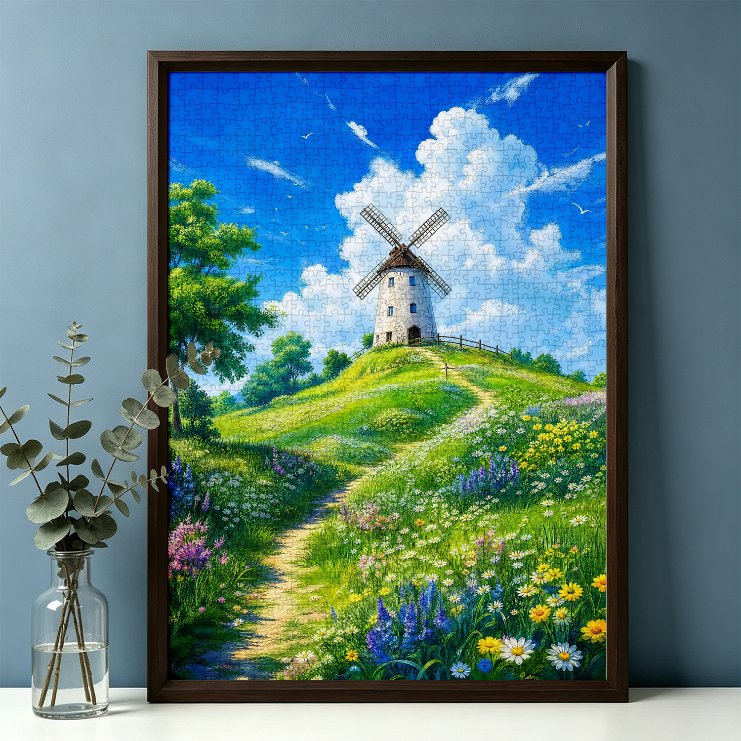 卡通治愈拼图1000片动漫插画成人高难度拼装礼物带框山野风车景观