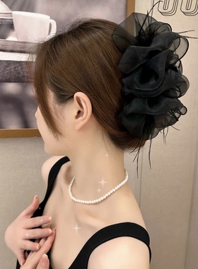 黑色羽毛双面泡泡抓夹超大号蝴蝶结发夹蓬松显发量后脑勺鲨鱼发饰