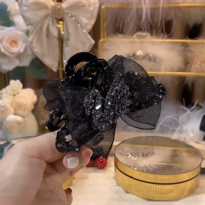 高级感黑色天鹅蝴蝶结抓夹小号半扎发发夹子后脑勺鲨鱼夹头饰发卡