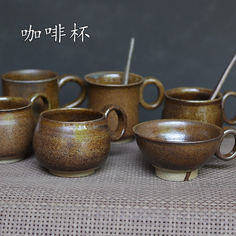云南龙窑柴烧陶器 草木灰釉咖啡杯粗陶复古咖啡杯配有咖啡勺