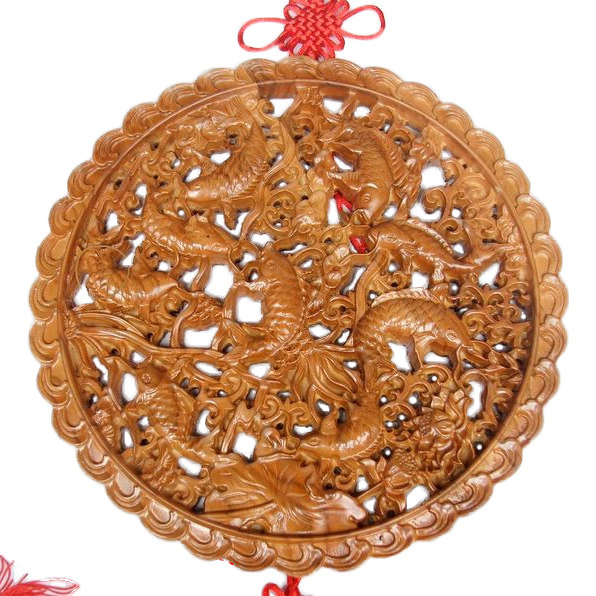 肥城桃木雕刻九鱼祝寿图玄关风水挂件挂盘壁饰墙饰九龙现瑞复古