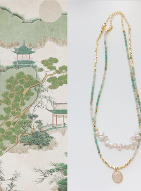 水墨色彩天然天河石渐变工艺再生花瓣珠创意串珠项链铜包18k金