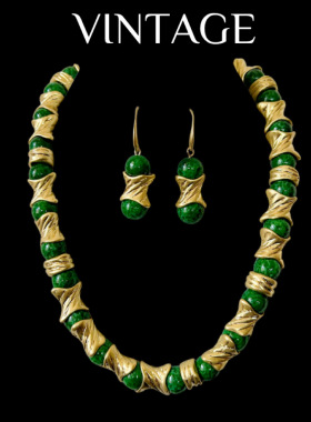 中古Vintage重工气质 绿蛙皮老料子琉璃项链手链耳饰套装典雅贵气