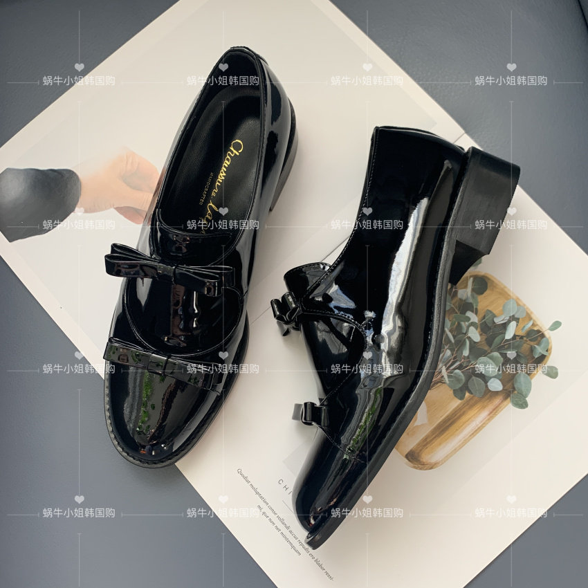韩国产 手工定制鞋 可爱蝴蝶结设计 经典漆皮一脚蹬牛津鞋真皮鞋